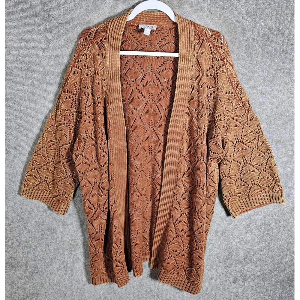 Denim & Co Pointelle Stitch Bell Sleeve Cardigan Womens XL Rust Brown Open Knit